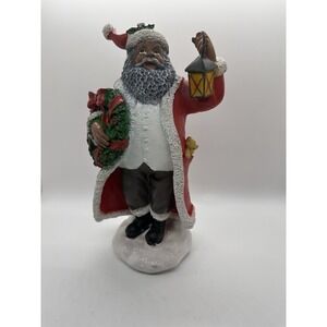 Black Santa Figurine Lantern Wreath 9.5" Resin Christmas Decor